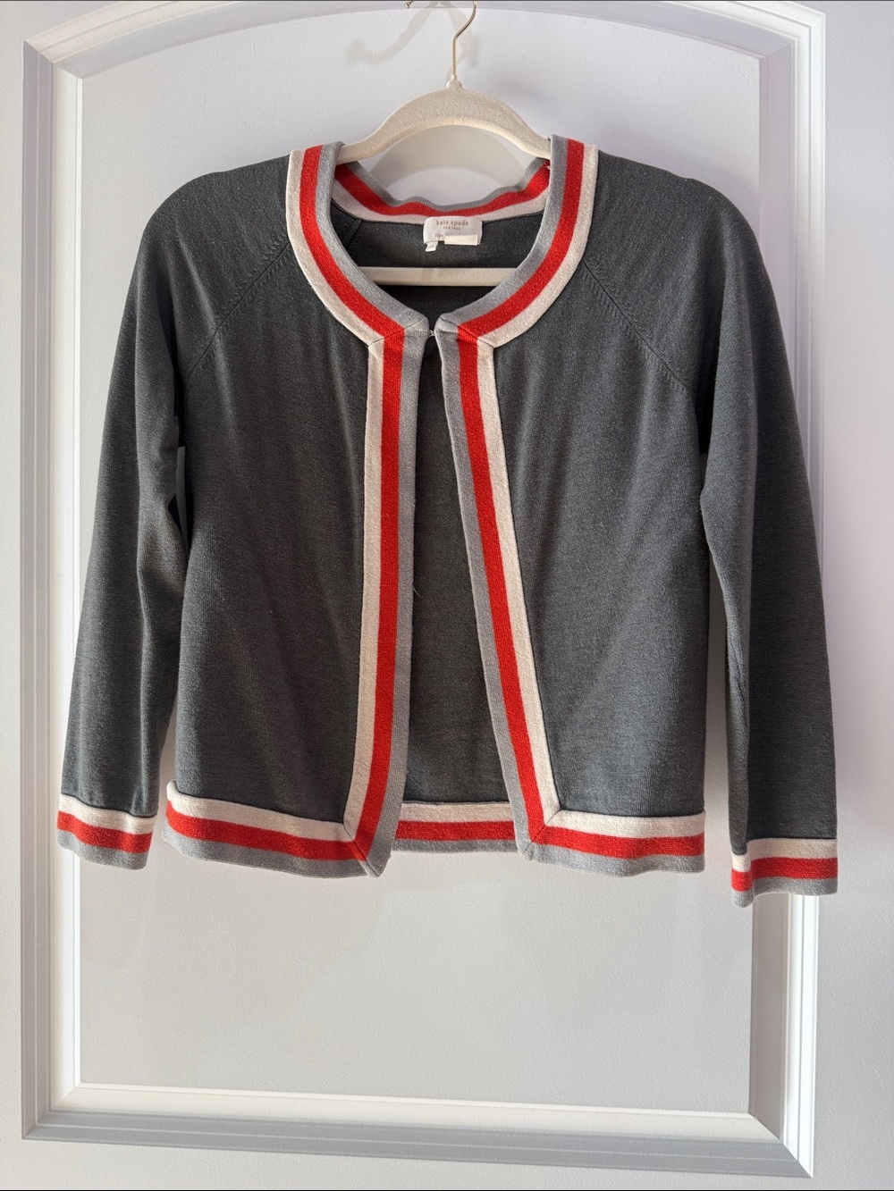 kate spade Charcoal Gray Open Front Cardigan with Red and Cream Trim - Picture 1 of 4